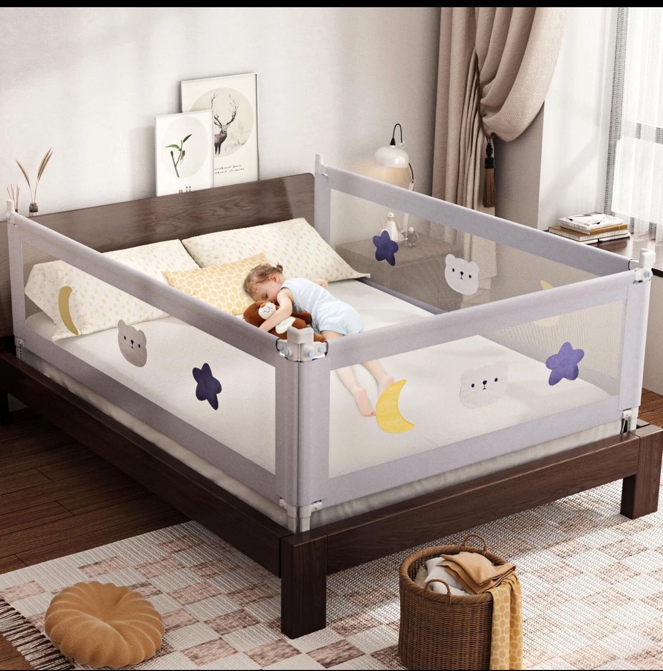 3 Pack omzer Bed Rails for Toddlers - Toddler Bed Rails with Double Child Lock