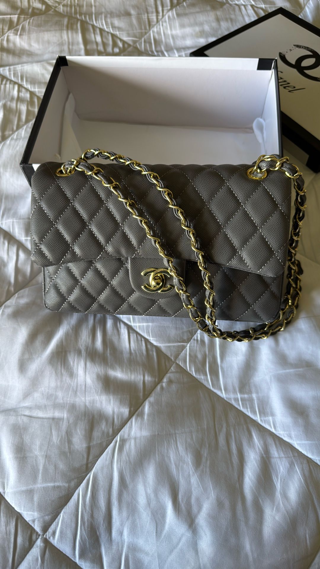 Chanel Bag Medium Double Flap Bag Grey Leather with Gold Hardware NEW