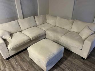 New Beige Sectional Corduroy Couch with Ottoman! Free Delivery 🚚!