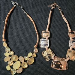 Vtg. Lot Of 2 St. Thomas Chunky Statement Necklaces Gold/Silver/Coppertone Apalone Looking Stones Adjustable Rare Find