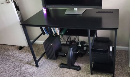 Black Computer Desk with Shelves and Power Outlet