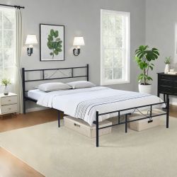 BEARD Full Metal Bed Frame with Headboard and Footboard Steel Slats No Box Spring Black Twin and Queen Size
