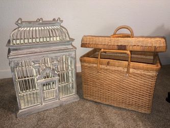 Distressed Birdcage & Wicker Storage Basket
