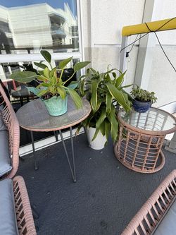 Grey & Wood Outdoor Patio Set – 2 Chairs, 2 Ottomans + 2 Tables