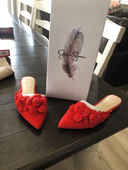 Flat Red Flowered Dressy shoe