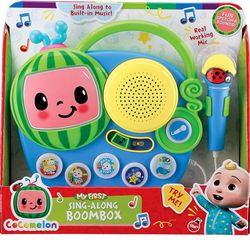 eKids Auxiliary Cocomelon Toy Singalong Boombox with Microphone for Toddlers, Built-in Music and Flashing Lights, Fans of Cocomelon Gifts TIME