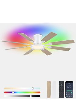 JSAITEE 60Inch Ceiling Fan with Lights Flush Mount White RGB Ceiling Fans,DC Reversible Motor Noiseless, 3CCT Dimmable, Dual Finish, 6 Speeds Ceiling