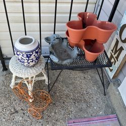 Many Beautiful Items For Garden, A Nice Blue And White Vase On A Little Tool A Nice Garden Table And More(NO SHIPPING)