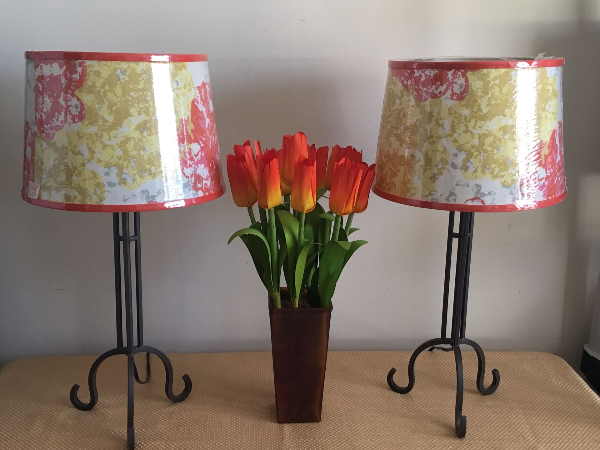 Pair of Lamps. New floral shades on steel gray base