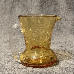 Vintage Hand Blown Amber Crackle Glass Creamer Pitcher.