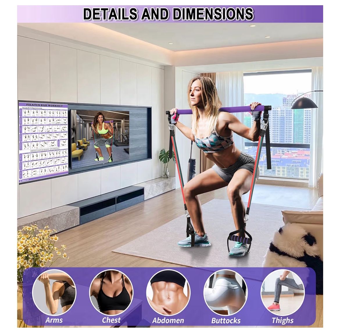 Portable Pilates Bar Kit with Resistance Bands for Men and Women - 3 Set Exercise Resistance Bands - Multifunctional Home Gym - Supports Full-Body Wor