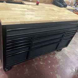 Husky 61 in. W x 23 in. D Heavy Duty 15-Drawer Mobile Workbench Tool Chest with Solid Wood Top in Matte Black