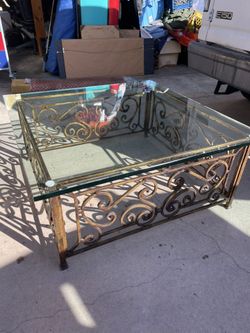 vintage French wrought iron coffee cocktail table square ornate scrolling metalwork thick glass Hollywood Regency Spanish revival