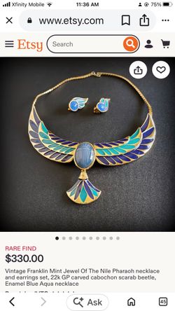 Franklin Mint Jewel of the Nile Gray Cabochon Onyx Scarab 22 KT Gold Electroplate Vibrant Blue Aqua Enamel Pharaoh Necklace & earringsAncient Jewelry.