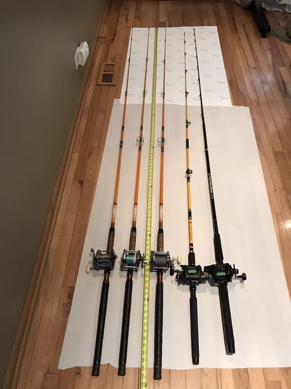 Trolling, downriggers,salmon,trout,walleye fishing rods with reels for