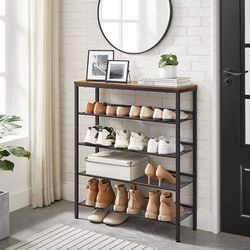Shoe Rack for Entryway, 5 Tier Shoe Storage Shelves with Sturdy Wooden Top and Steel Frame, Rustic Brown and Black