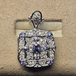 One 14k White Gold  Diamond And Tanzanite Square Shaped Locket Pendant 
