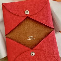 Authentic Like New Hermes chèvre Goltskin Calvi Card case Holder Rose Mexico