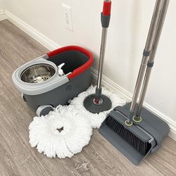 $35 Brand New (Combo Set) Broom Dustpan & Spin Mop Wheels Extended Handle with 2pc Microfiber Mop Heads 