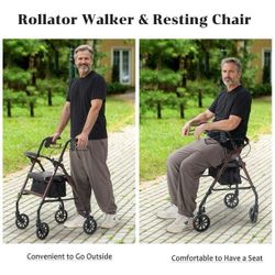 O543 $50 Rollator Walker with Seat, Foldable Rolling Medical Walker with 6" Wheels, Aluminum Frame Supports Up to 300 lbs, Burgundy  Sturdy Steel Cons
