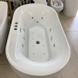 67” Freestanding Bathtub Whirlpool White Color With Jets New Built in Pump Deck Control Steel Frame With Legs Ready For Pick Up Today