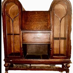 Antique English oak Jacobean side-by-side drop front desk 1920s