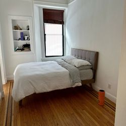 Queen Bed Frame And Headboard Mid-Century Modern Platform Grey & Walnut
