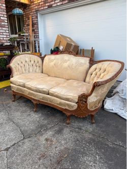 Antique Victorian Carved Wood Silk Sofa French Tufted Couch Project As Is