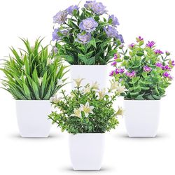 4 Packs Small Fake Plants Mini Artificial Faux Plants with Flowers for Home Room Farmhouse Bathroom Decor Indoor