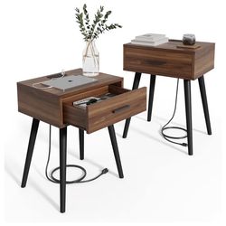 HAIOOU Set of 2 Mid Century Nightstand with Charging Station, End Table Modern Side Table One Drawer with Premium Matte Black Handle and Pine Wood Leg