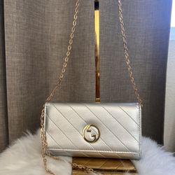 Metallic Silver GG Wallet On Chain New 