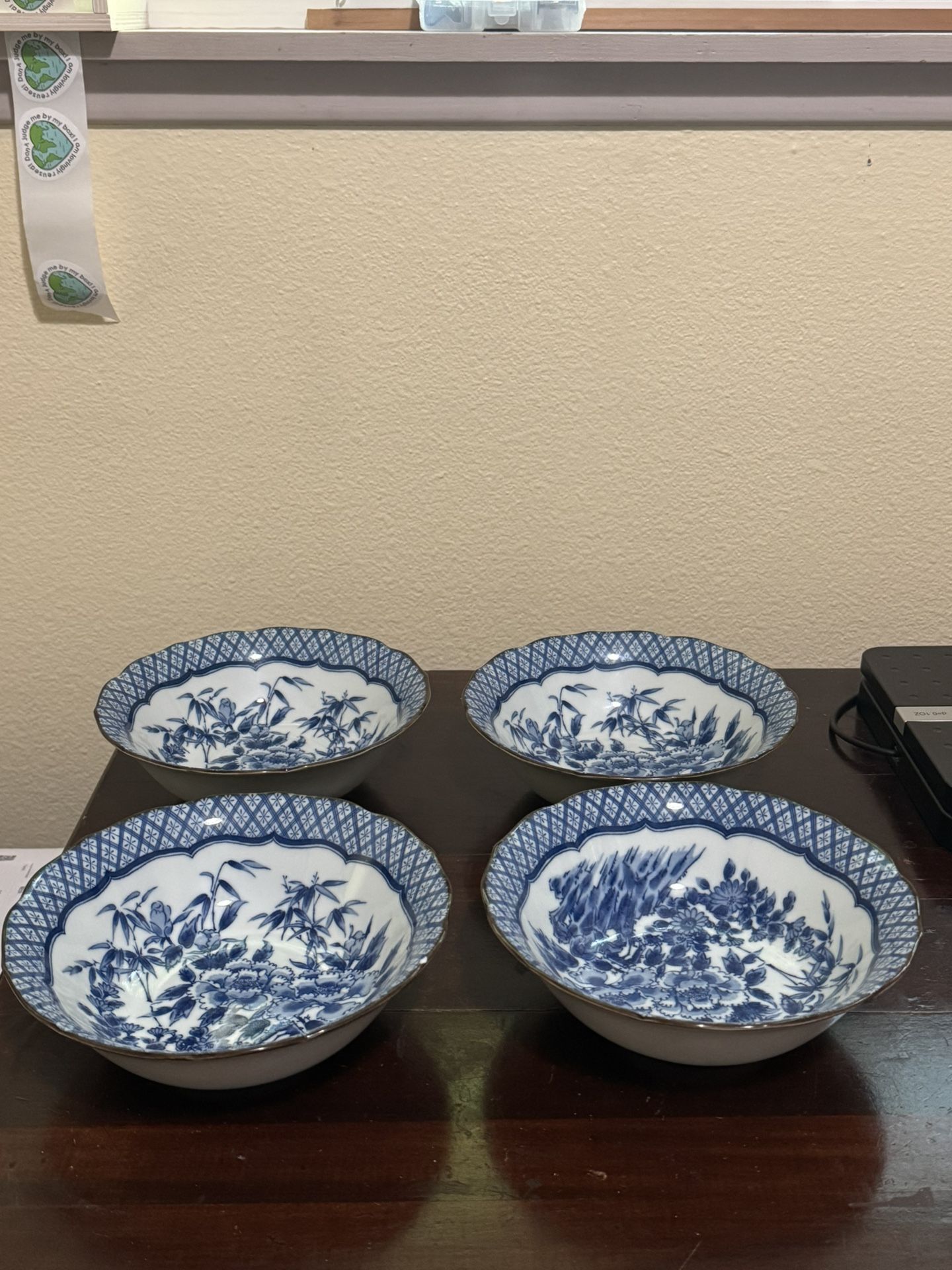 Vintage Japanese Floral Blue And White Dinner Bowls Set Of 4 - See Pics