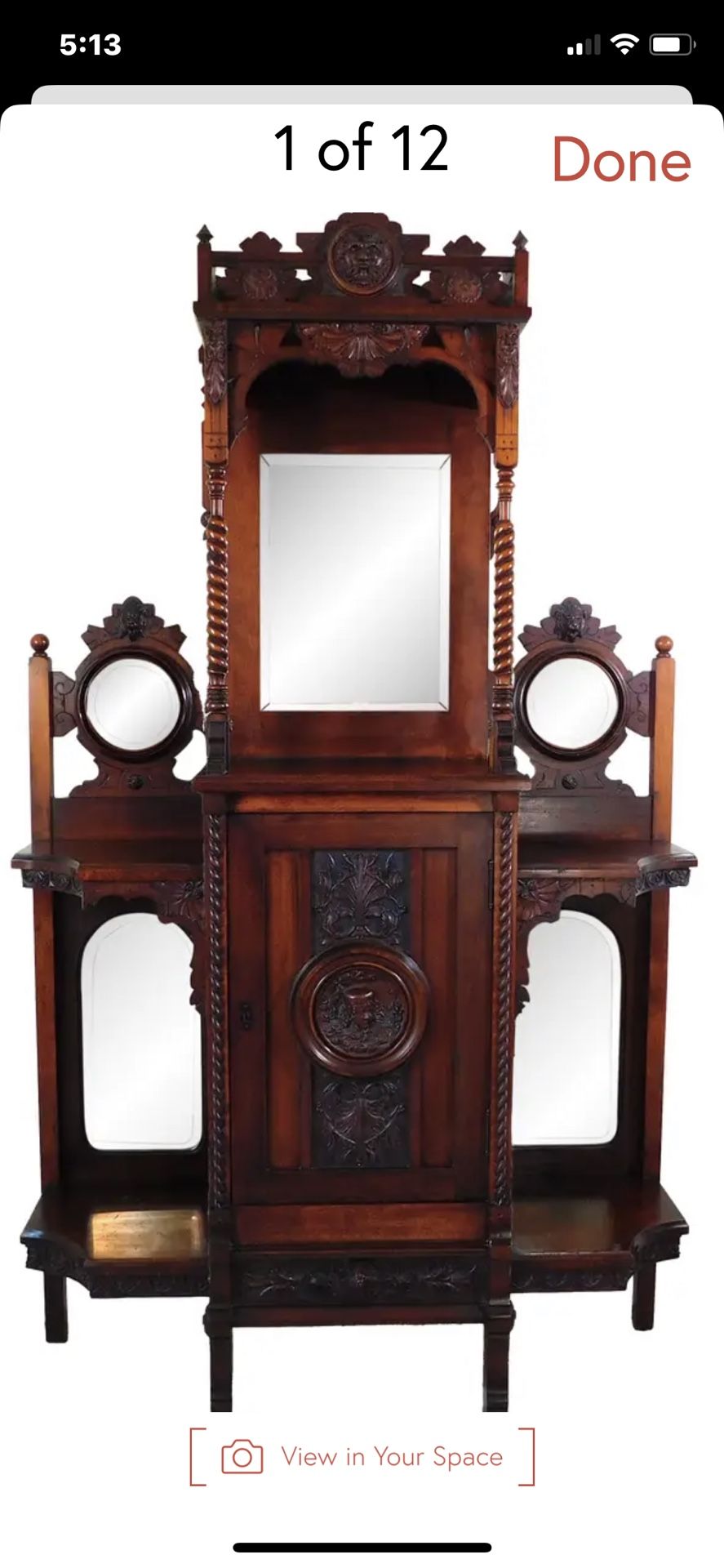 Antique Carved Wood Figural Barley Twist  & Mirrored Étagère Shelf Hall Tree 