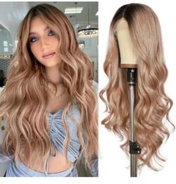Pink Lace Front Wigs for Women Glueless Long Body Wave Ombre Khaki Pink Hair
