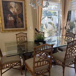 Rattan dining chairs with taupe fabric seat 6 chairs