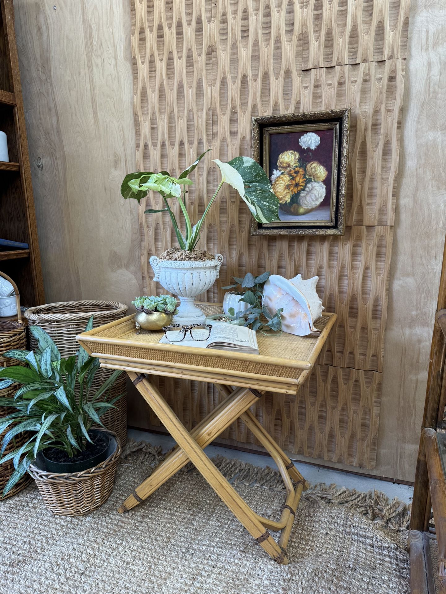 Vintage Rattan Bamboo Fold Up Tray Valet MCM Woven Side Lamp Stand Table TV Tea Bed Boho Portable
