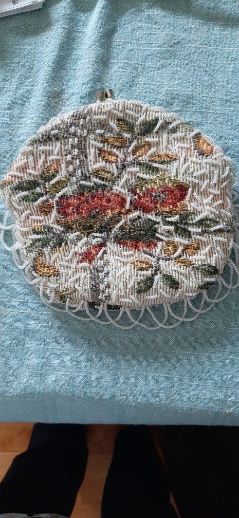 White seed bead and tapestry evening bag.