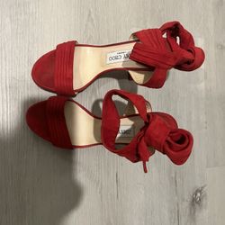 Jimmy Choo Red Suede Platform Heels, Size 37