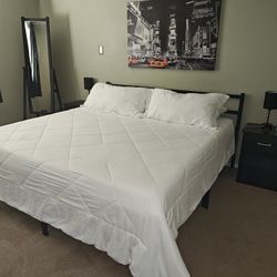 King Bedroom Set – Mattress, Frame, Bedding + 2 Nightstands w/ Lamps – $100 OBO