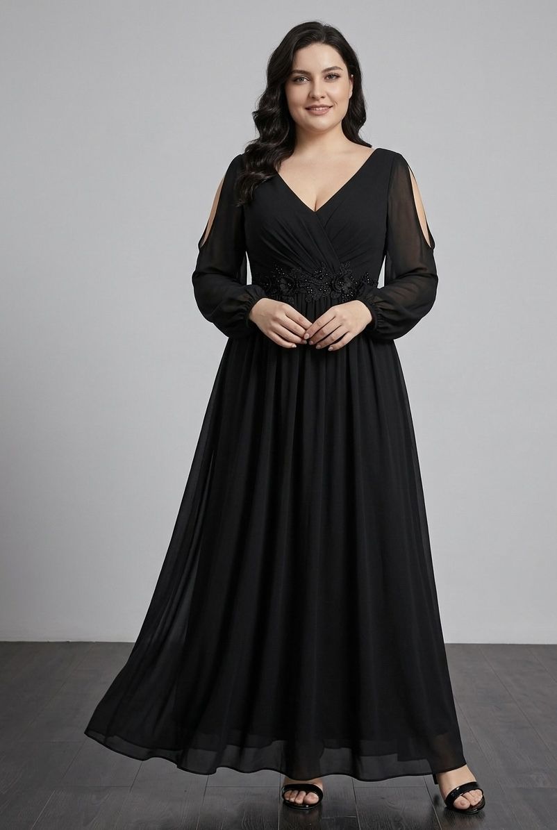 Ever Pretty Black Chiffon V-Neck Maxi Dress with Beaded Waist