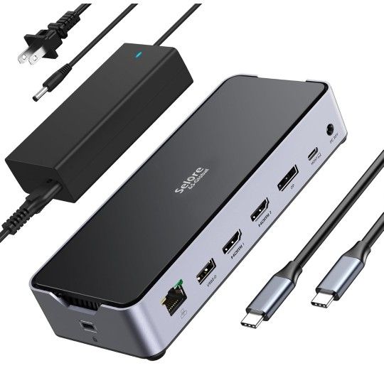 USB C Docking Station 3 Monitors Laptop Dock Dual Monitor with 2 HDMI DisplayPort 4K144Hz,USB A 2.0/3.0,USB C 3.1 10Gbps&30W Output,Ethernet,MicroSD&S