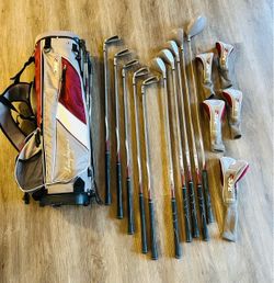 Left hand Lady Hagen MS2 women's golf clubs featuring distinctive triangular cut-outs on the clubheads and lightweight graphite shafts Lady Hagen MS2