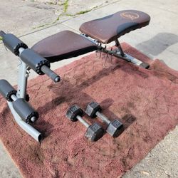 ADJUSTABLE BENCH (90%- SITUP) DUMBBELLS HOOKS UNDERNEATH 
WITH A PAIR OF 20LB HEXHEAD DUMBBELLS  TOTAL 40LBs 
7111.S WESTERN WALGREENS 
$75. CASH ONLY