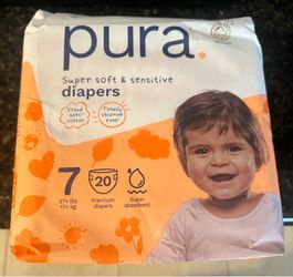 Pura Baby Diapers Size 7-20 Count, 37+lbs, 12hr Leak Protection, Cloud Soft & Gentle Diapers for Hypoallergenic & Sensitive Baby Skin, Toxin-Free*, Or
