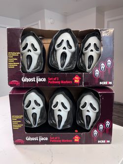 Horror Ghost Face Scream Set of 6 Pathway Markers LED Flashing Lights & Eerie Halloween Sounds
