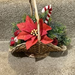 Poinsettia Silk Faux Wicker Basket With Handle Candy cane Christmas 7” Long
