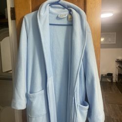 LL Bean Robe Womens Plus 1X Light Blue Fleece Housecoat Wrap Belted Pocket Sleepwear