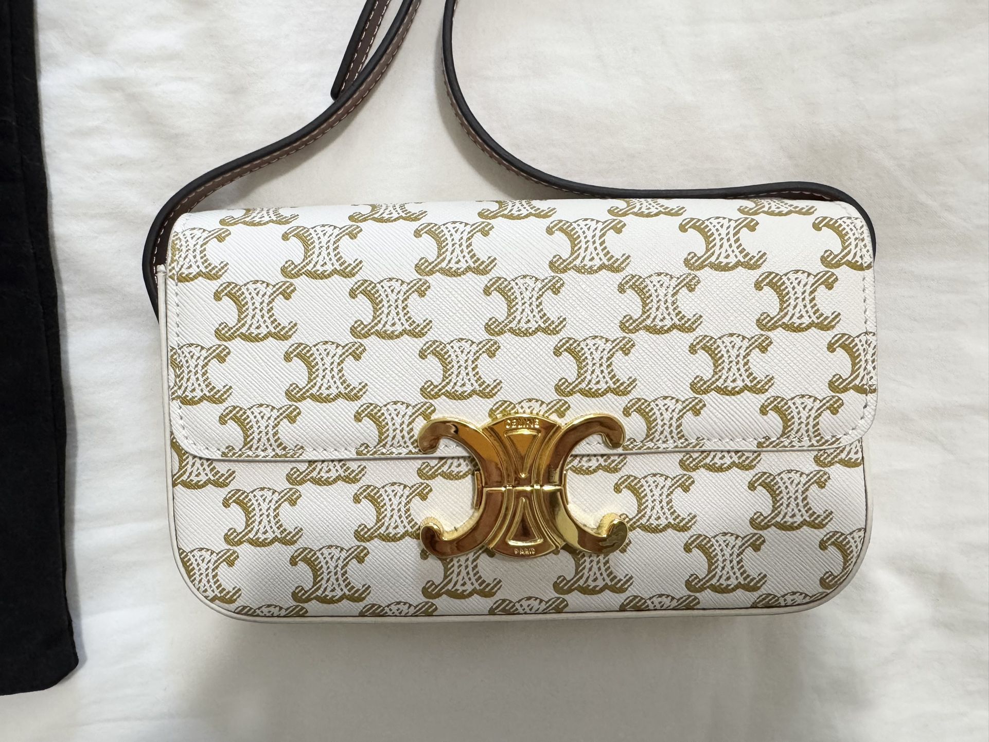 Celine Shoulder Bag Claude Triomphe White Canvas