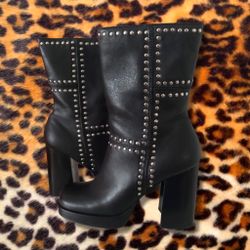 Vintage Candie’s Grunge Moto Black Leather Silver Studded Square Toe Calf Boots