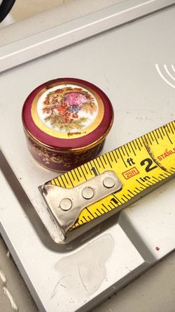 ( VINTAGE) Limoges round  covered trinket box trinket dish burgundy gold trim  courtship scene miniature